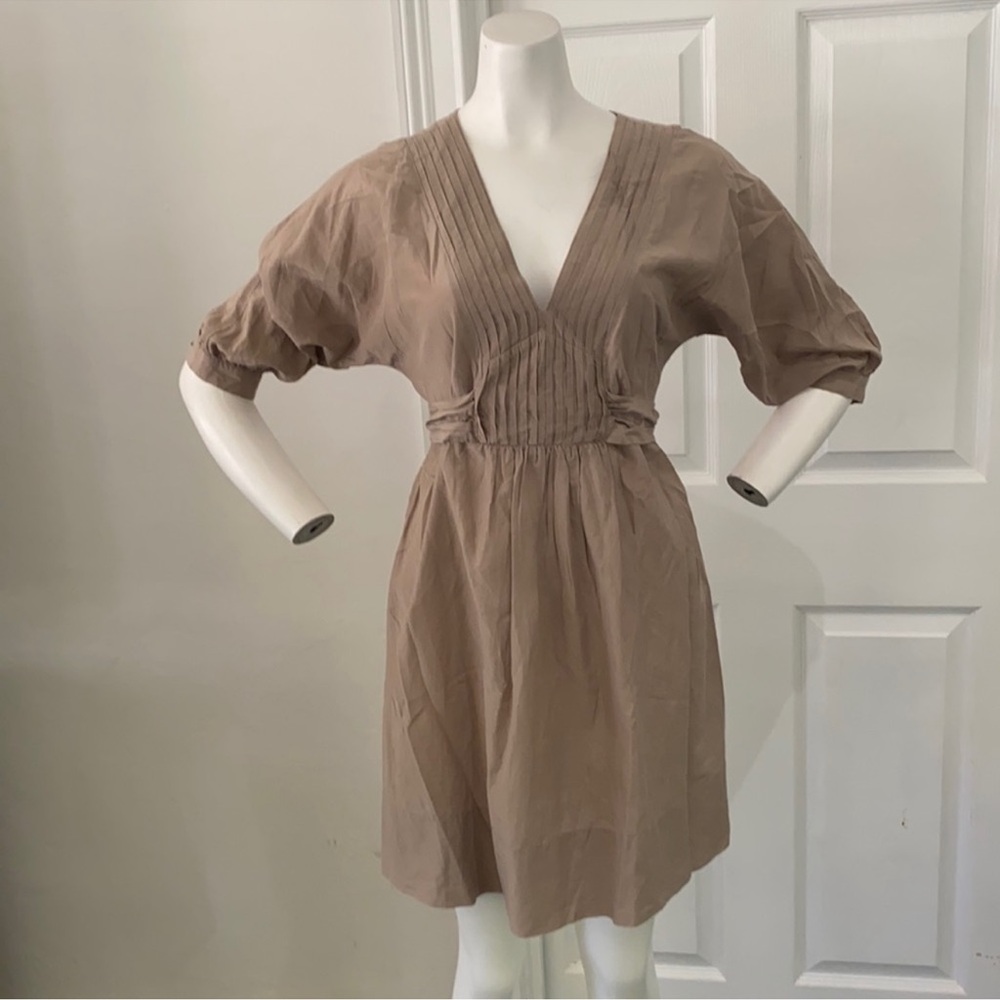 ZARA 100% Silk & Cotton Dress Tie-Waist V-Neck Long Sleeve in Tan Champagne